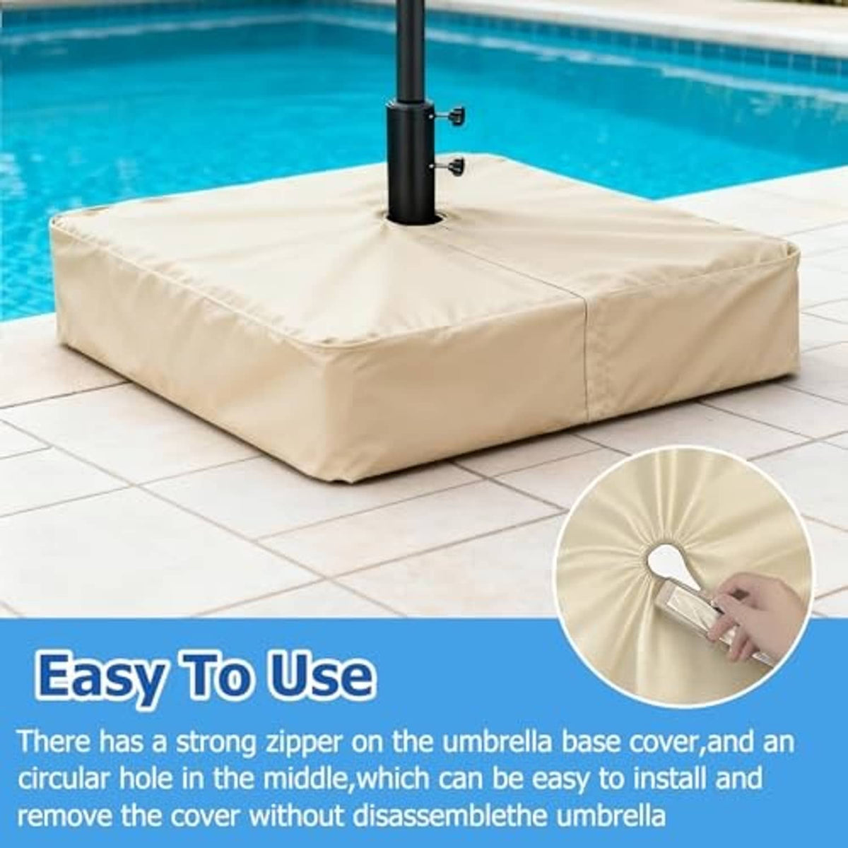 Beige umbrella base cover with black pole through center, box panels and rounded top