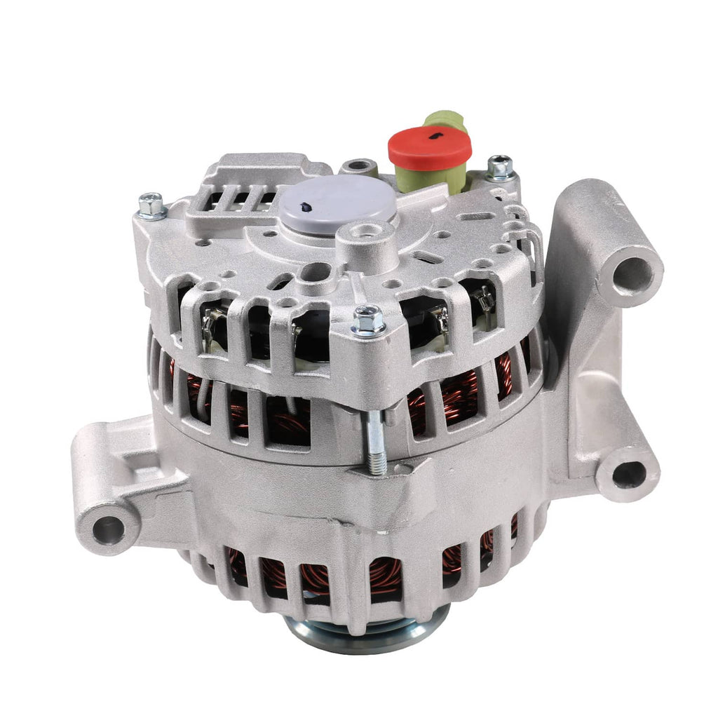 Alternator three-quarter view, silver vented housing with front pulley and red cap