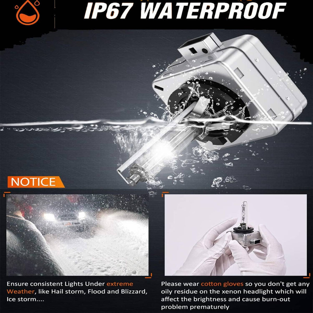 Waterproof HID xenon headlight bulb and metal ballast unit with clear lamp