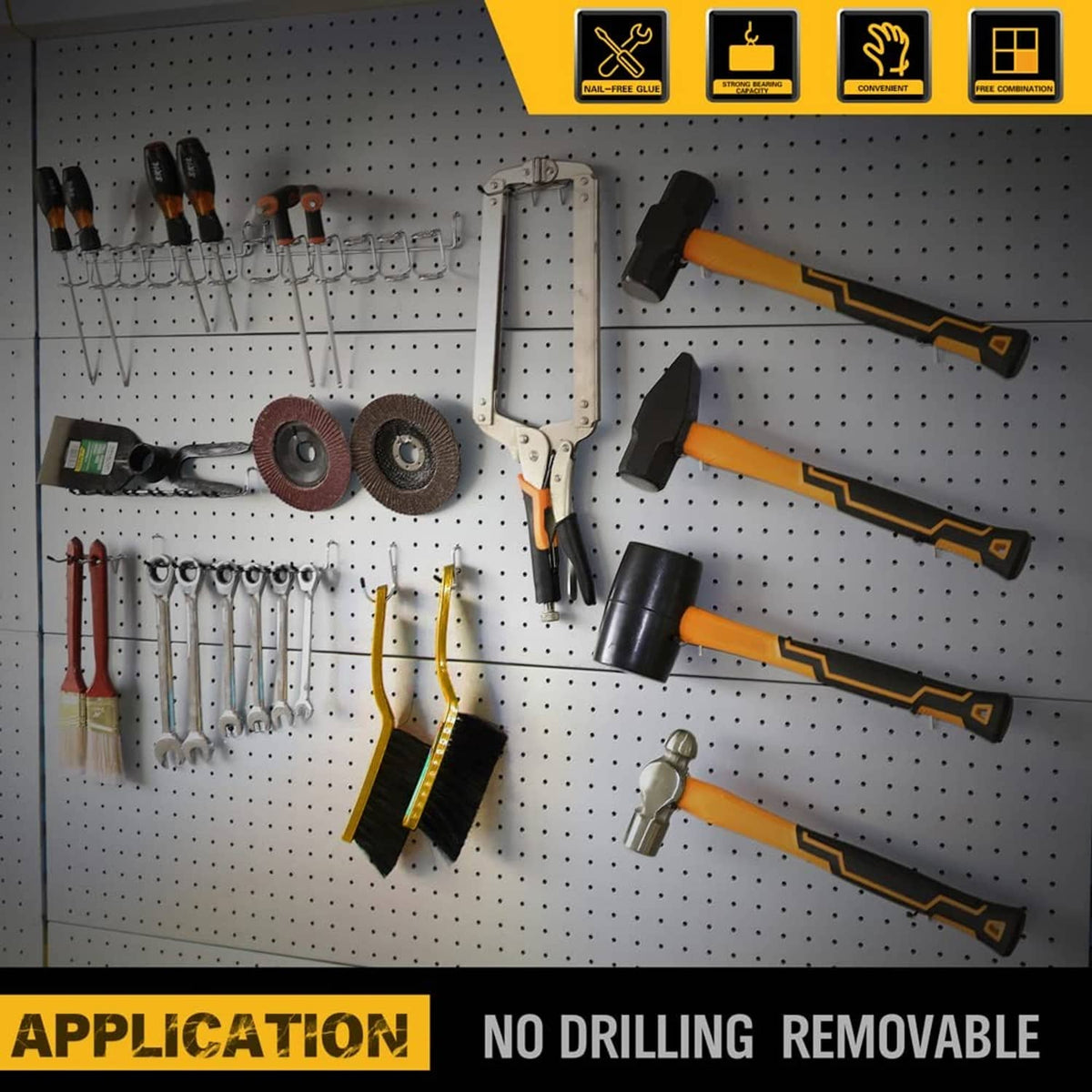 Pegboard hooks installed on a workshop wall with tools, removable hook set