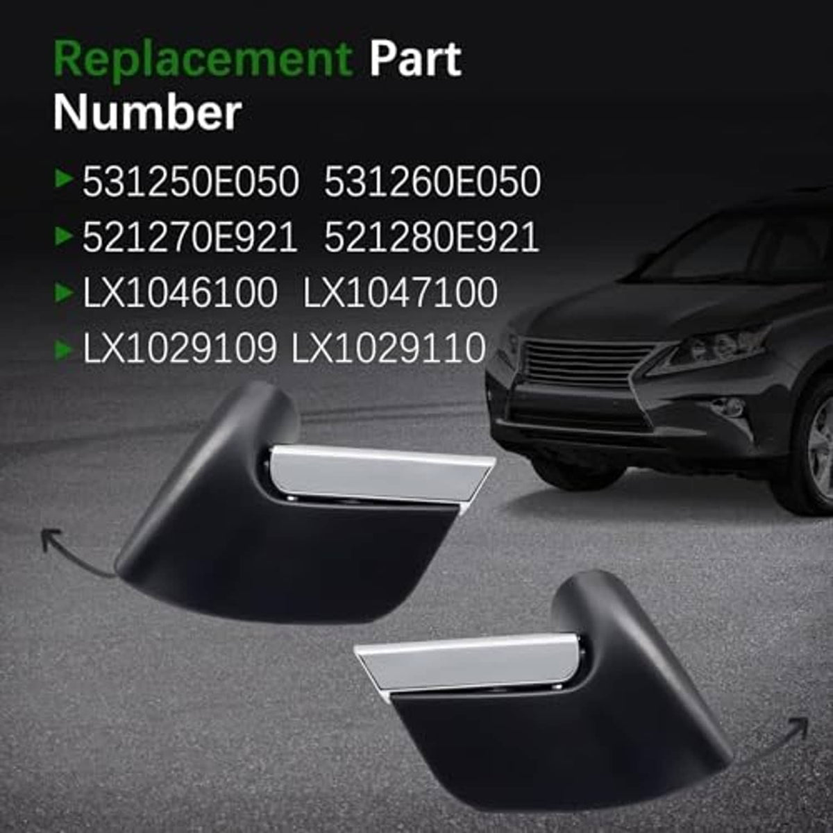 Replacement bumper trim parts, black housings with silver inserts, shown in layout