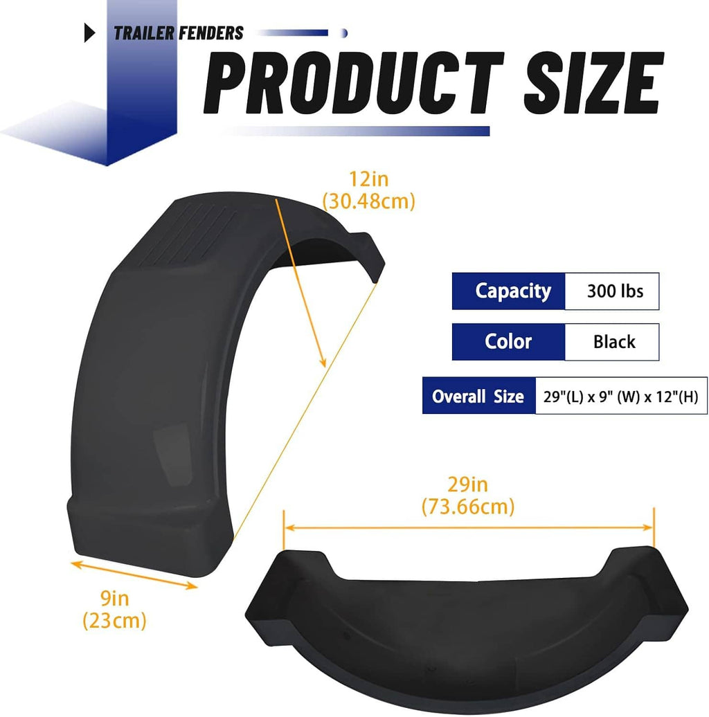 Black trailer fender with side cutout and snap-in curved wheel guard for 13-inch wheels