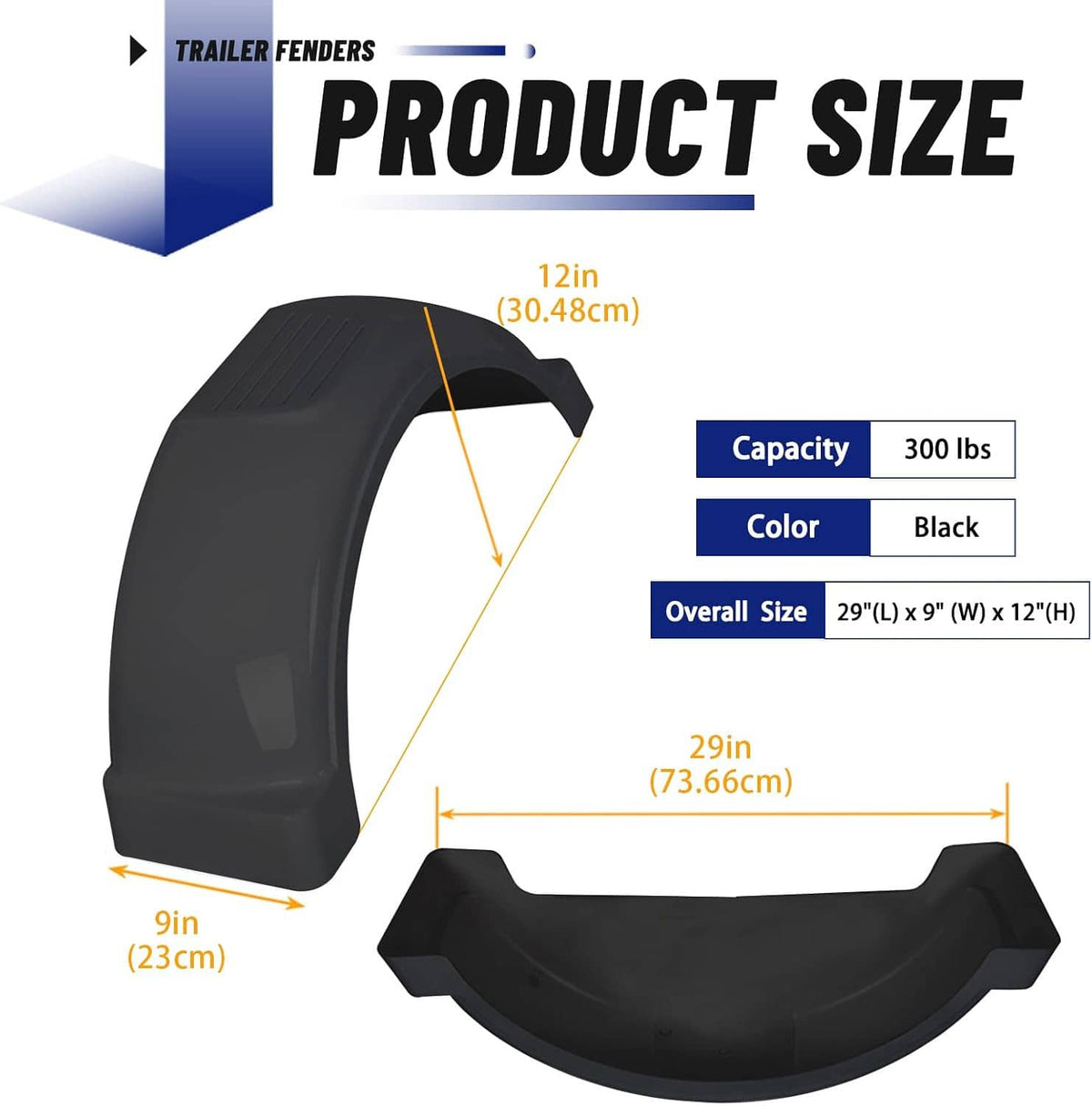 Black trailer fender with side cutout and snap-in curved wheel guard for 13-inch wheels