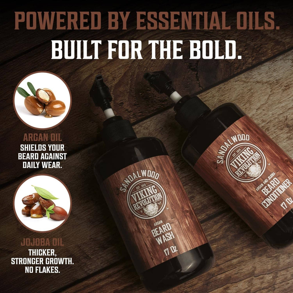 Two Viking Revolution Sandalwood beard bottles with essential oil icons