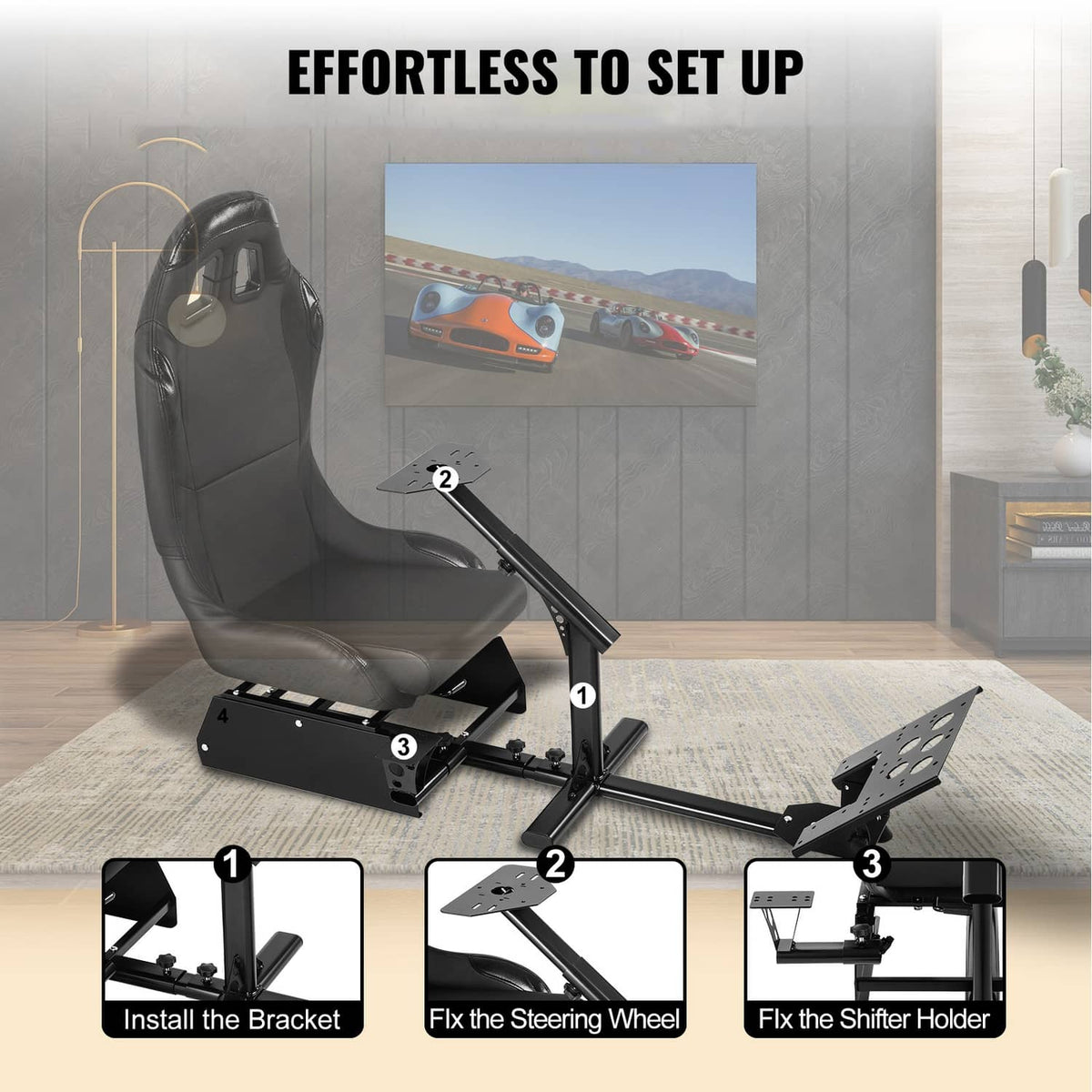 Racing simulator wheel stand with gray seat, steering wheel mount, and shifter holder