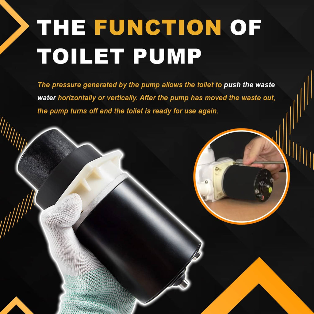Marine toilet pump assembly kit with black pump body and red/white power leads