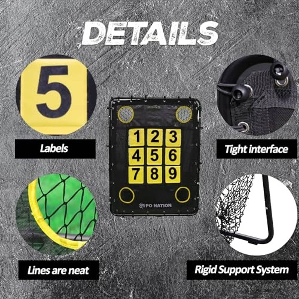 Details of baseball strike zone target net: yellow 1–9 grid on black backing