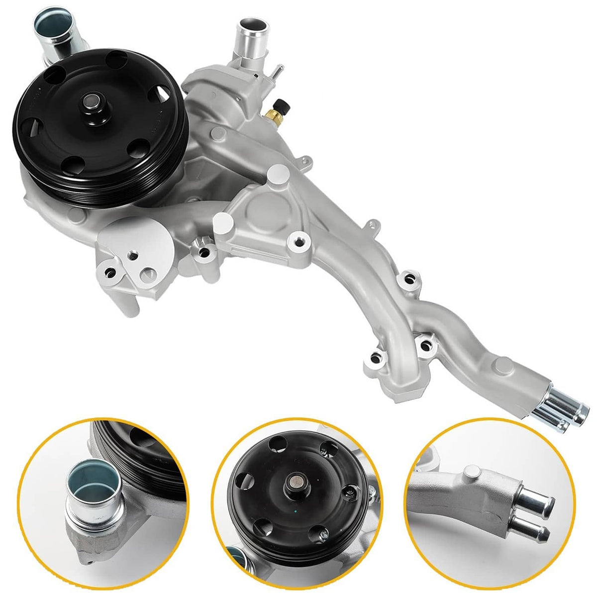 Engine water pump with thermostat, gray housing and black pulley wheel close-up