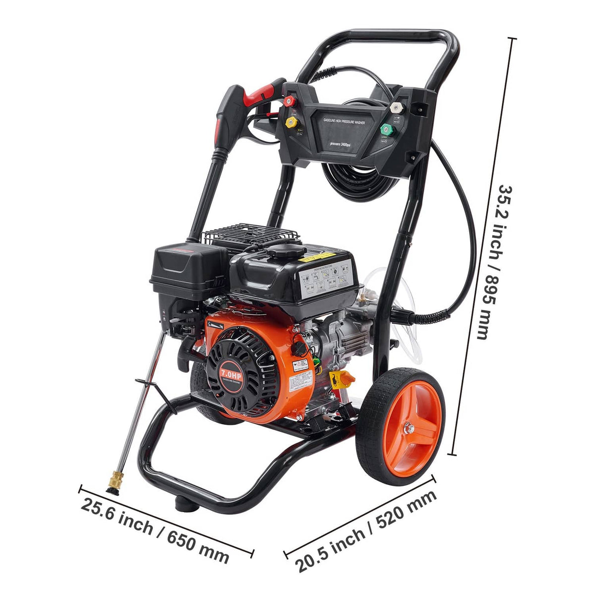 Gas pressure washer with orange engine, black frame and handle, and orange front wheel