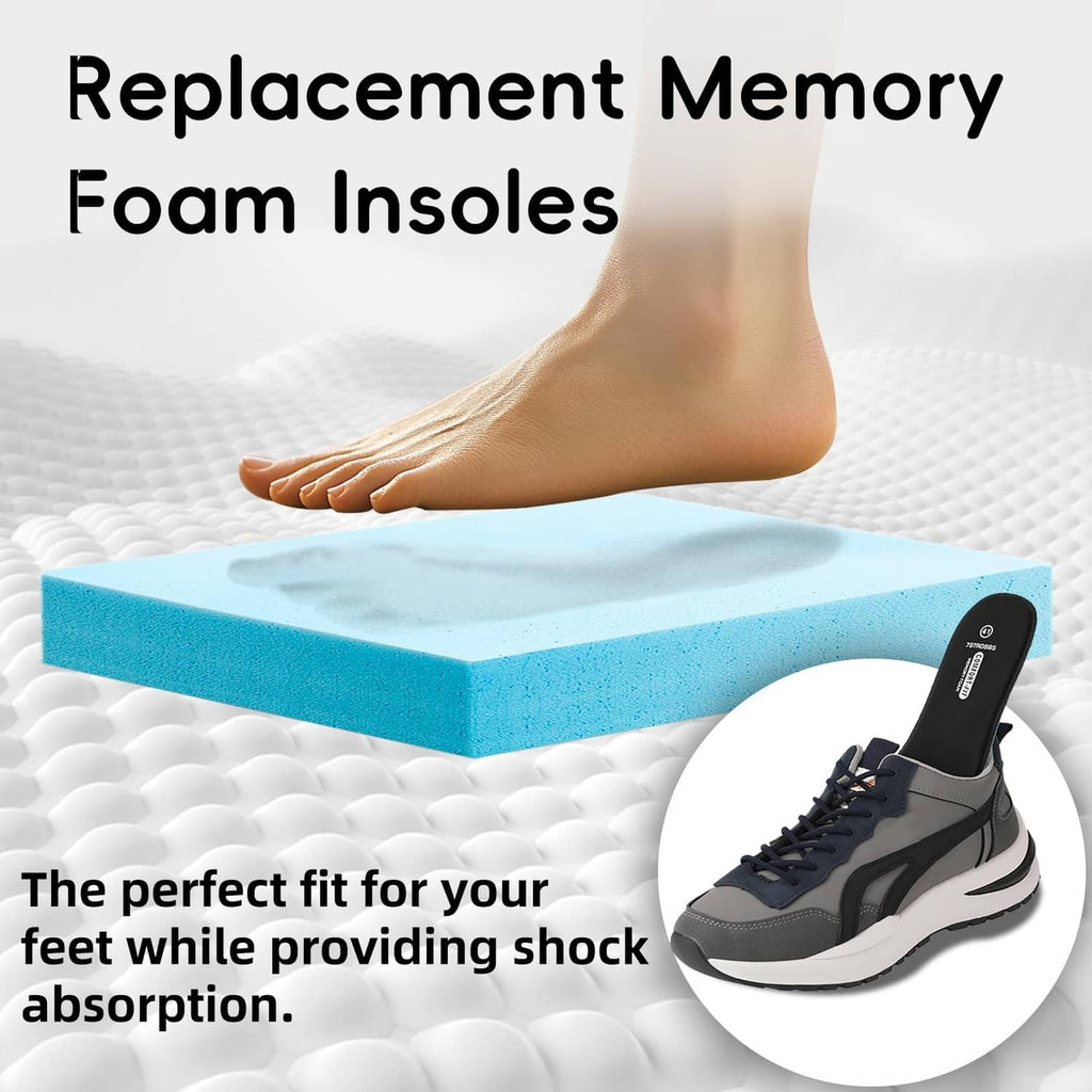 Black memory foam replacement insole on shoe, with blue cushioning layer graphic
