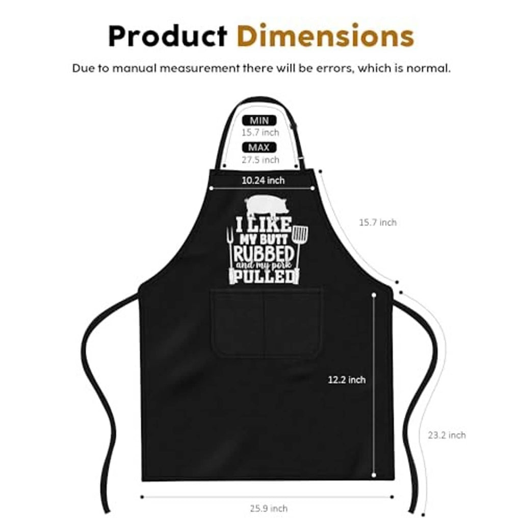 Black apron product dimensions graphic showing front pocket and adjustable straps