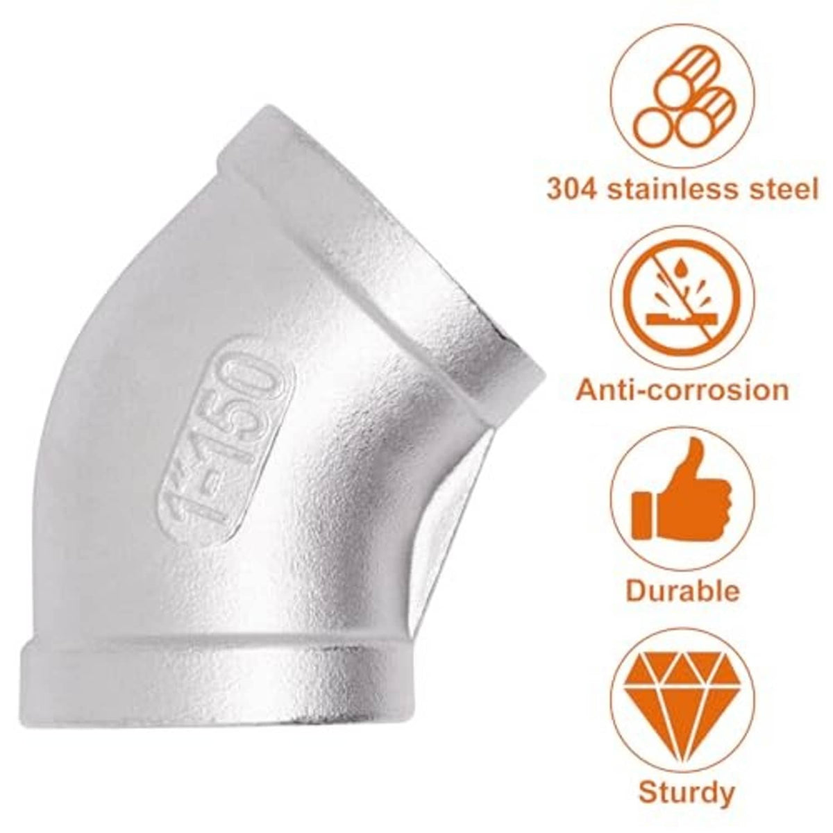 304 stainless steel 45° elbow fitting with female NPT threads, corrosion-resistant.