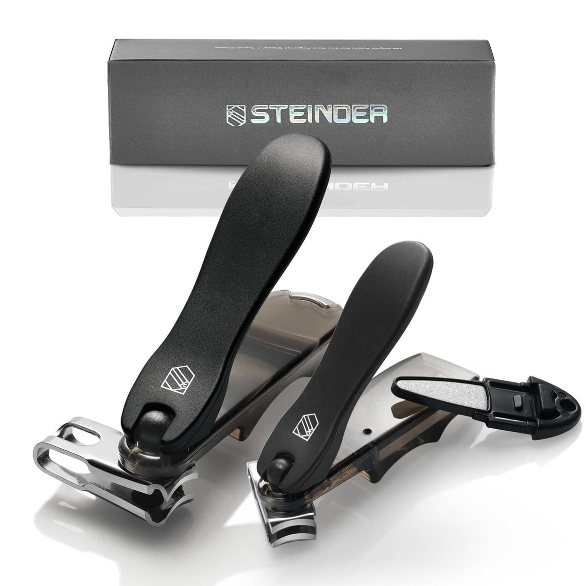 Black nail clipper set with 360° rotating handles and stainless blades