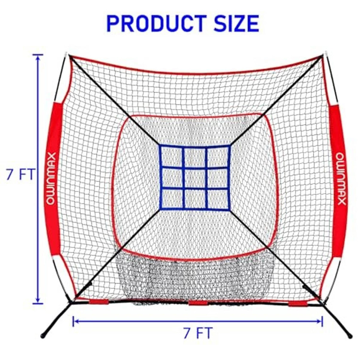 7x7 ft baseball practice net with red and white frame, blue target window