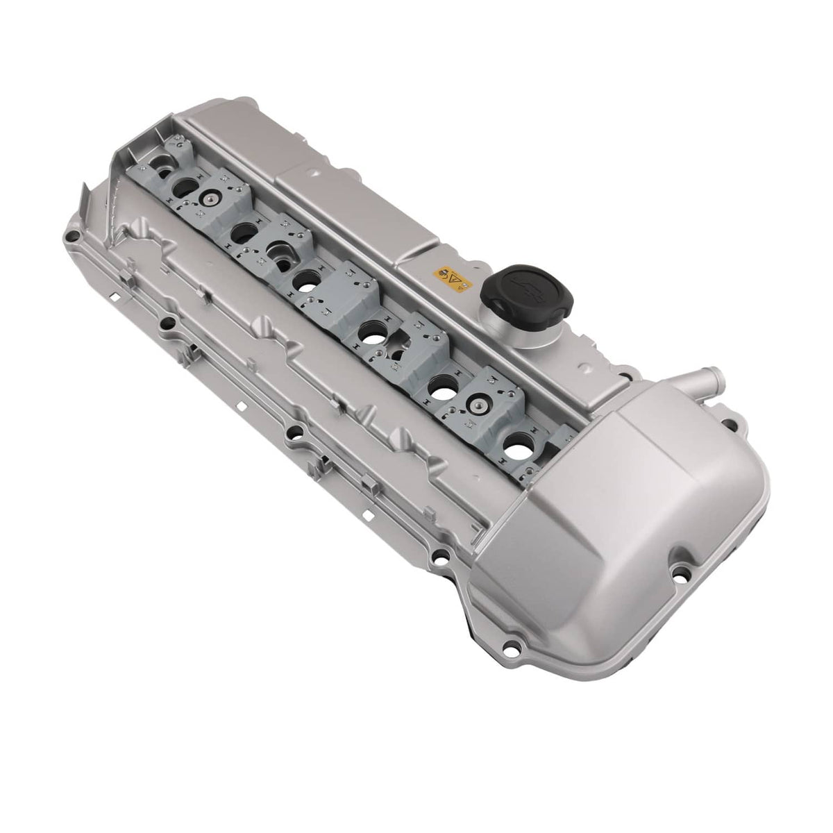 Light gray aluminum valve cover with underside fastener points and oil cap