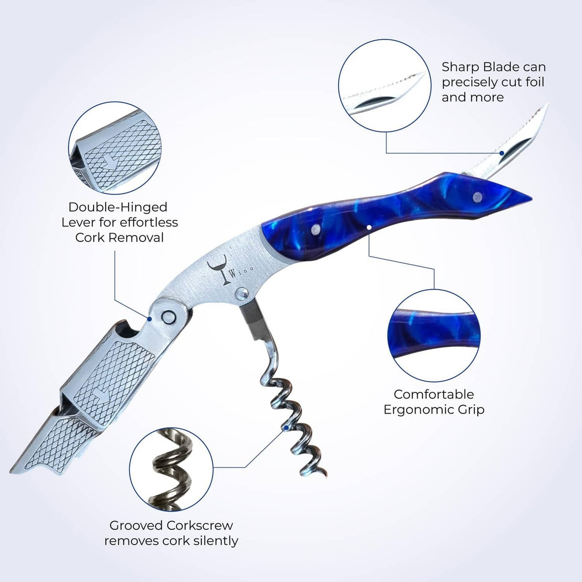 Sapphire-blue wine corkscrew with double-hinged lever and ergonomic grip