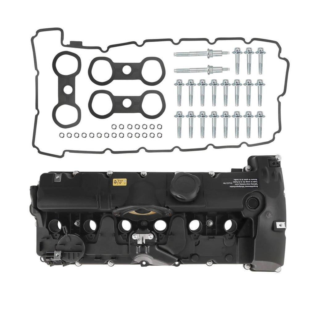 Valve cover gasket kit with black valve cover, gasket, and bolt hardware