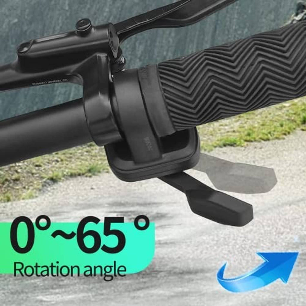 Black thumb throttle mounted on textured handlebar grip with adjustable rotation