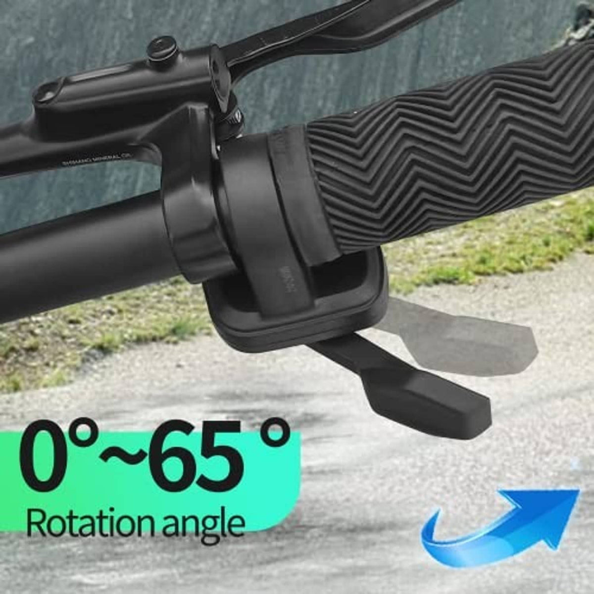 Black thumb throttle mounted on textured handlebar grip with adjustable rotation