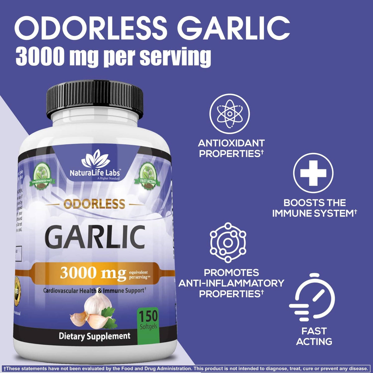 Odorless garlic 3000 mg bottle with antioxidant and immune support icons