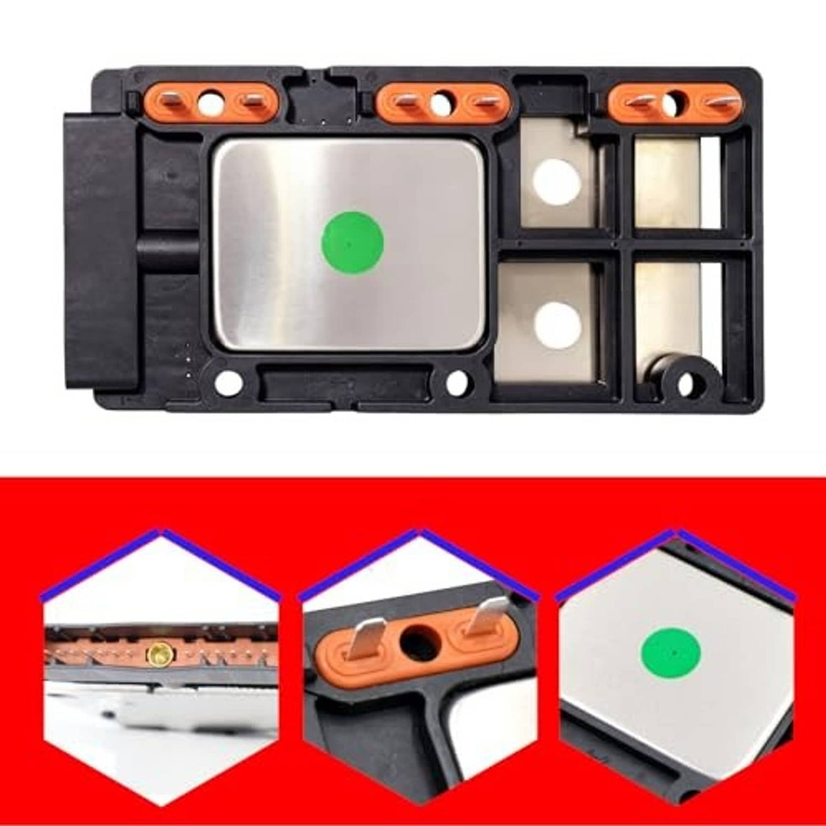 Engine ignition control module showing silver metal plate and green center insulator