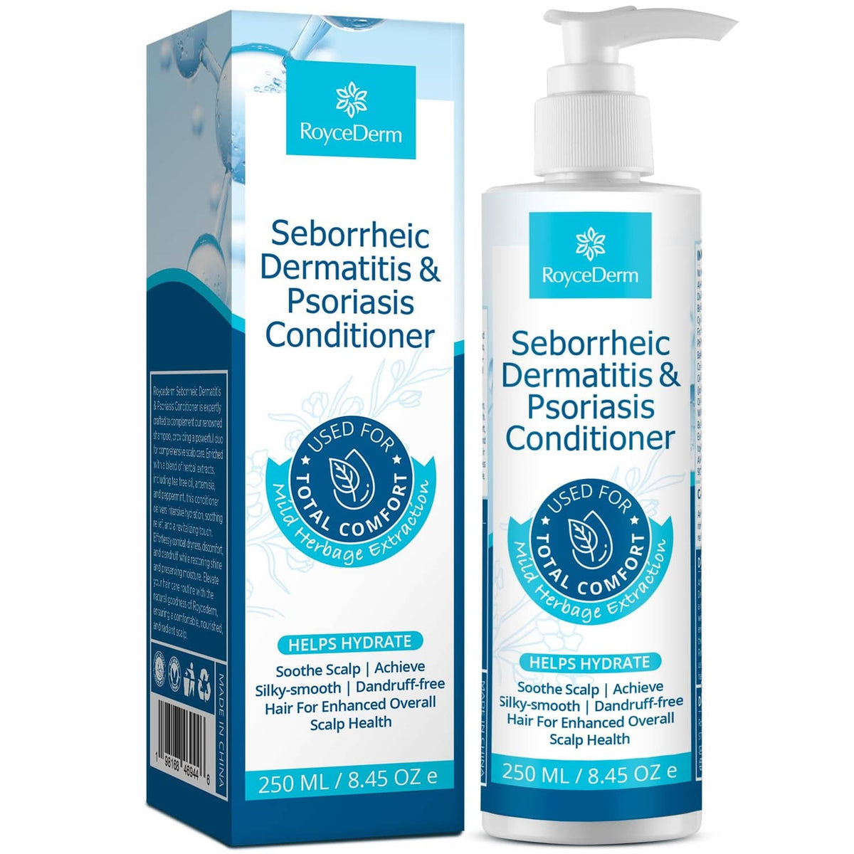 White pump conditioner bottle with blue label for scalp hydration and comfort