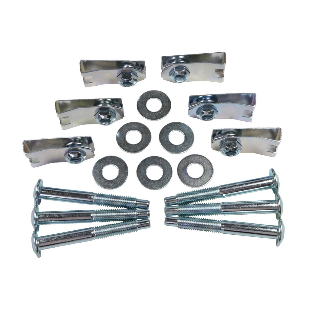 Truck bed mounting hardware kit with silver brackets, hex nuts, bolts, and washers