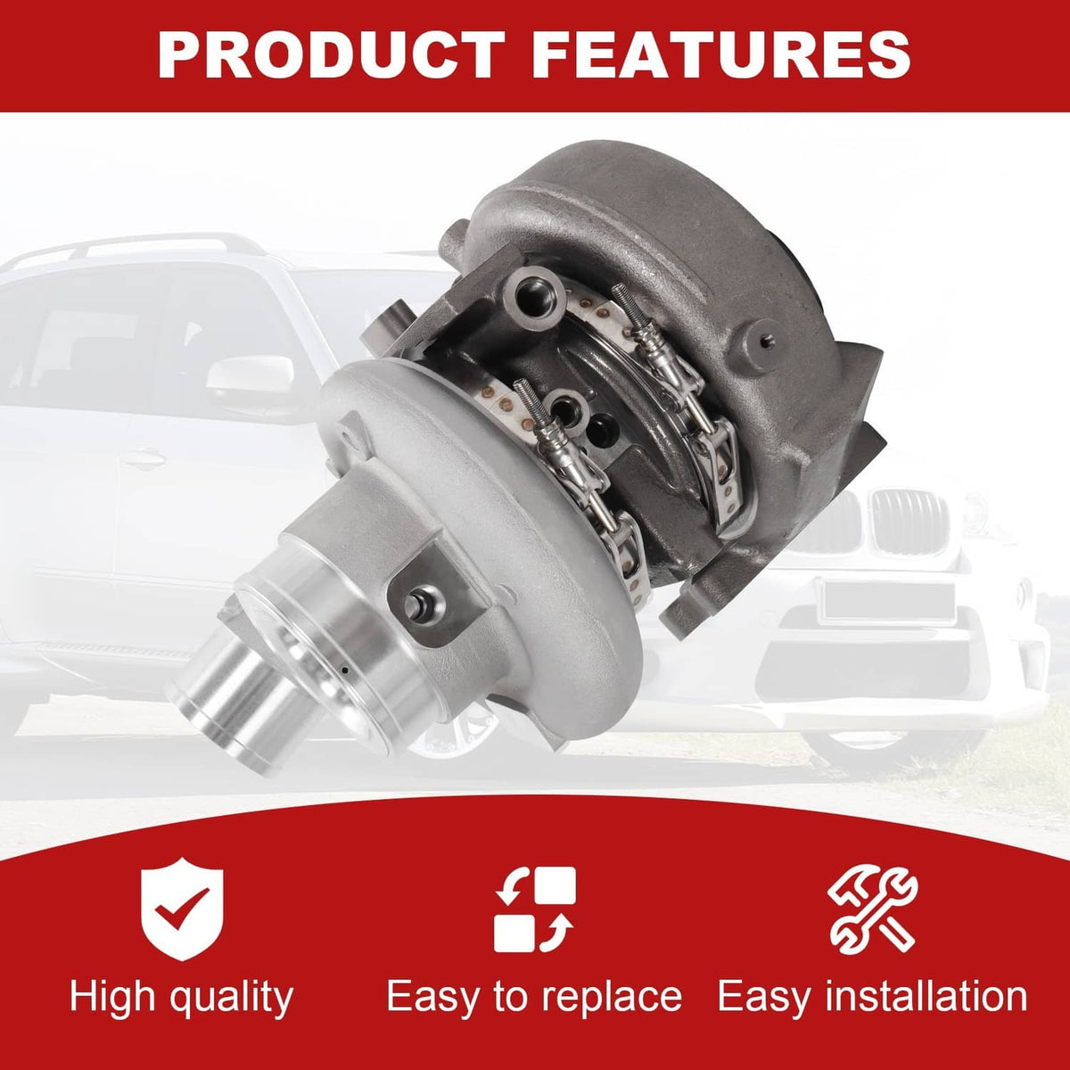 Turbocharger angled view with open turbine housing and metal exhaust flange
