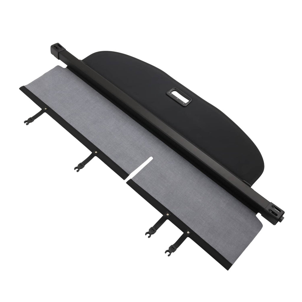 Rear trunk security shade cargo cover with gray fabric, black trim, and corner fasteners