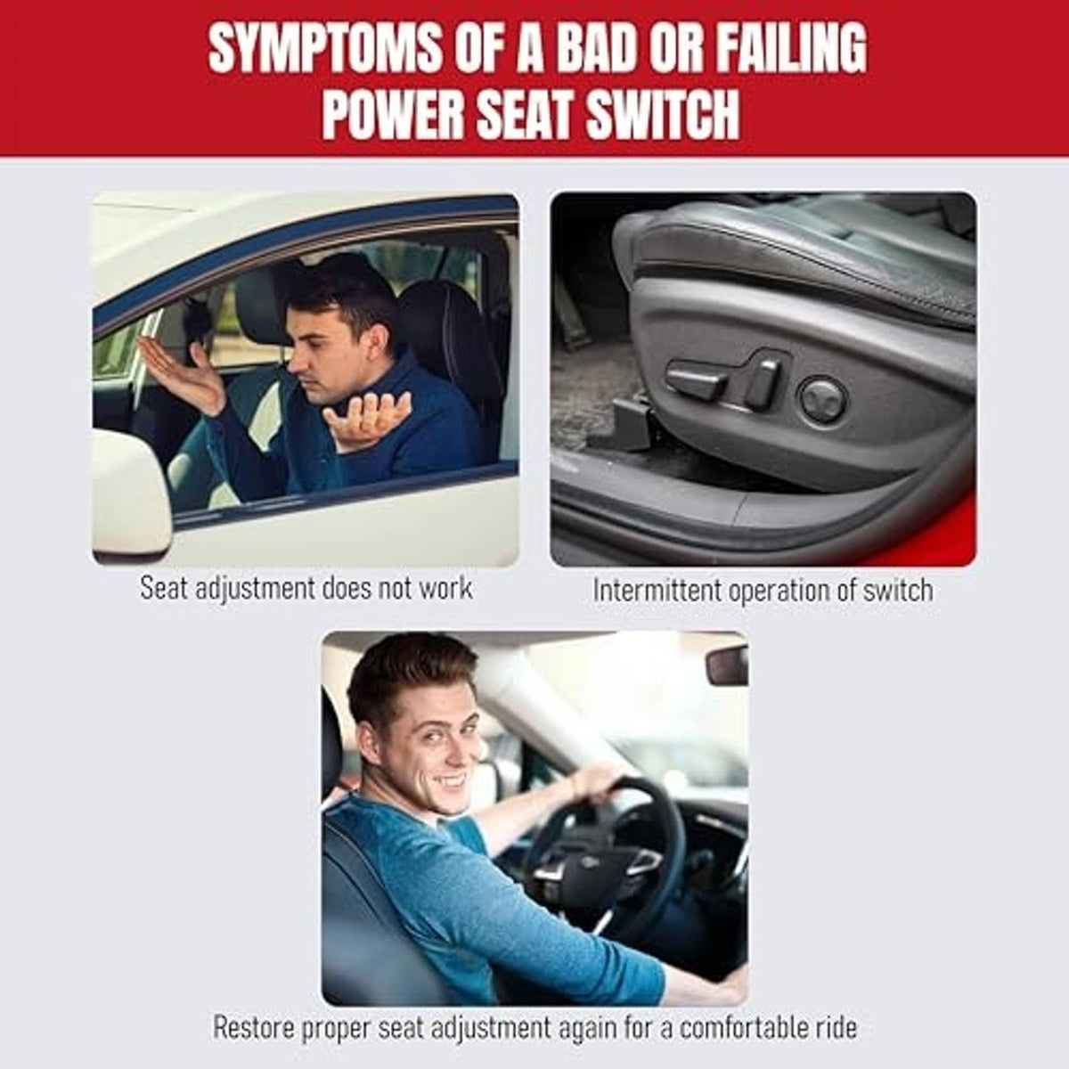 Power seat switch symptom graphic with seat adjustment and switch operation photos