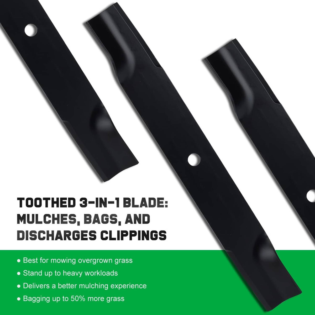 Black toothed 3-in-1 mower blades with center holes, three blade shapes