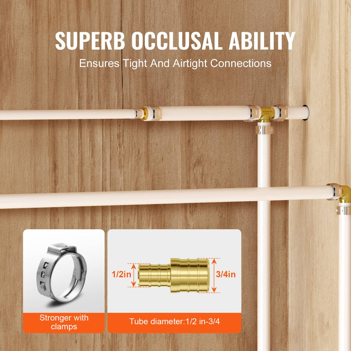 Brass clamp-style tube fittings joining white pipes on a wooden wall