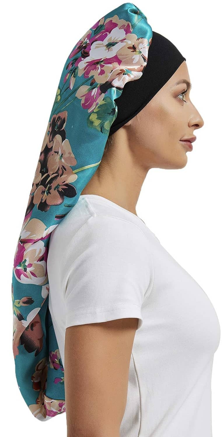 Teal floral satin sleep cap with long tail and elastic band