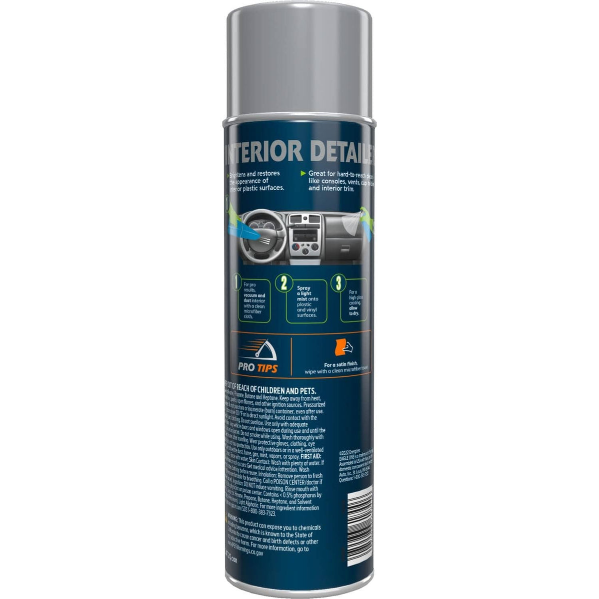 Interior detailer spray bottle with back label and usage graphics