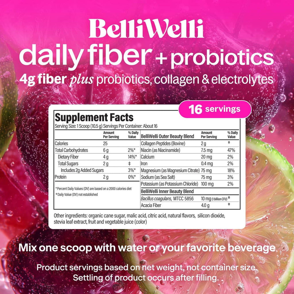 BelliWelli daily fiber + probiotics supplement facts label on bottle back