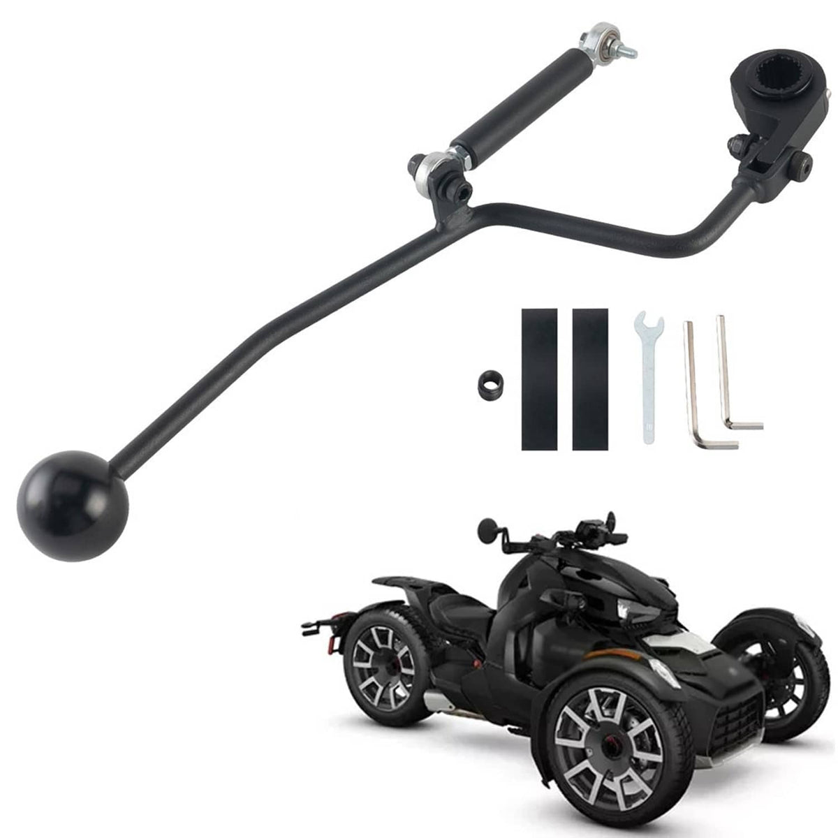 Black gear shift lever with linkage and mounting bracket, plus included hardware