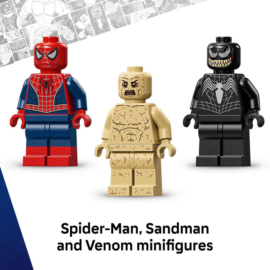 LEGO minifigures set: Spider-Man, Sandman, and Venom characters in full view
