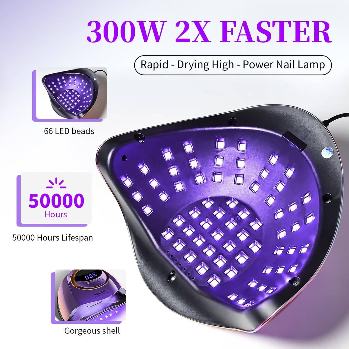 Purple UV LED nail lamp featuring 66 LED beads and bright curing panel