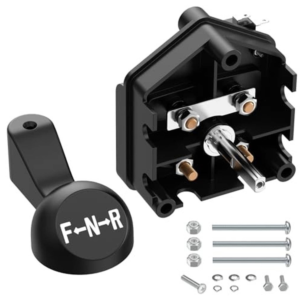 Black forward/reverse switch with F-N-R handle and exposed contact plate, plus screws