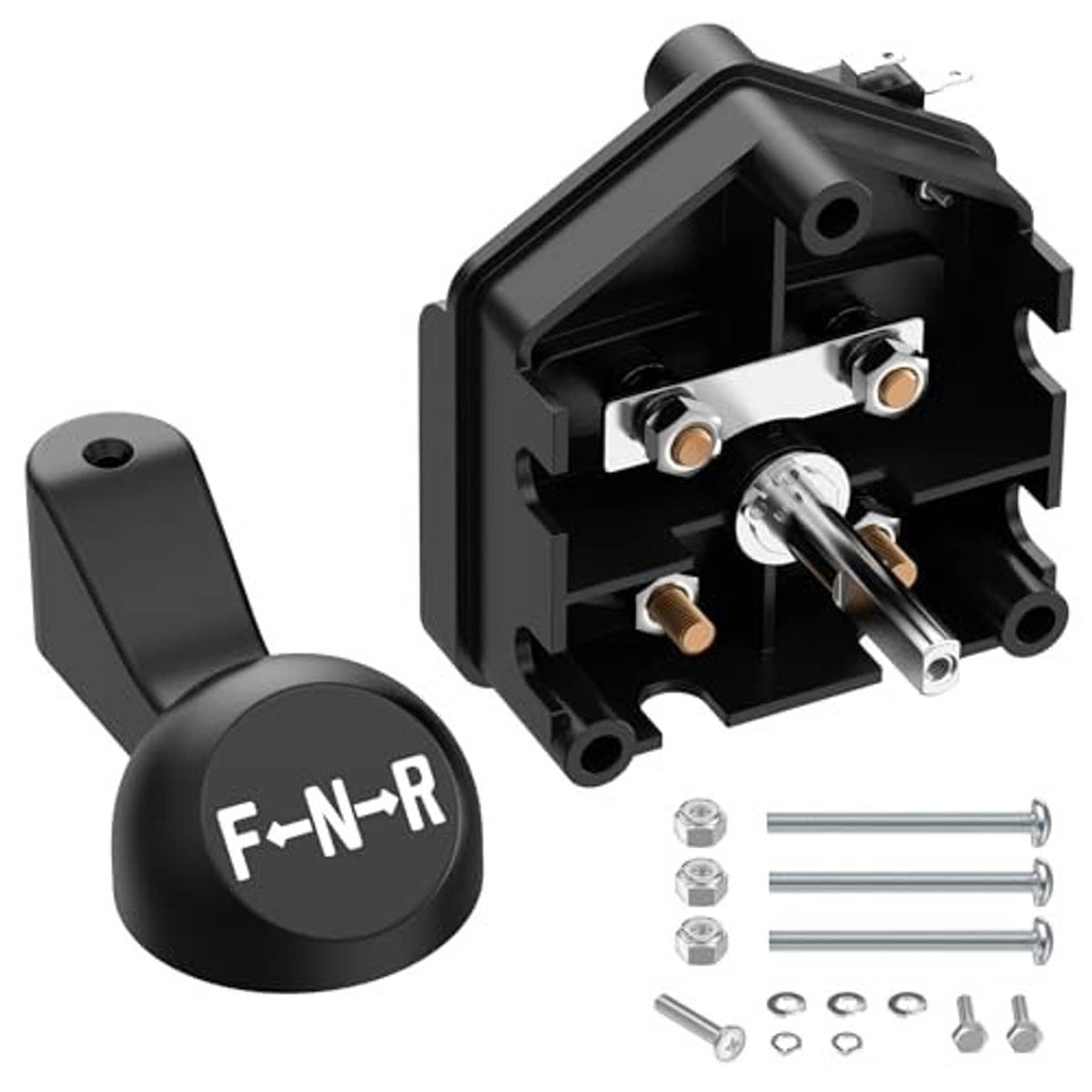 Black forward/reverse switch with F-N-R handle and exposed contact plate, plus screws