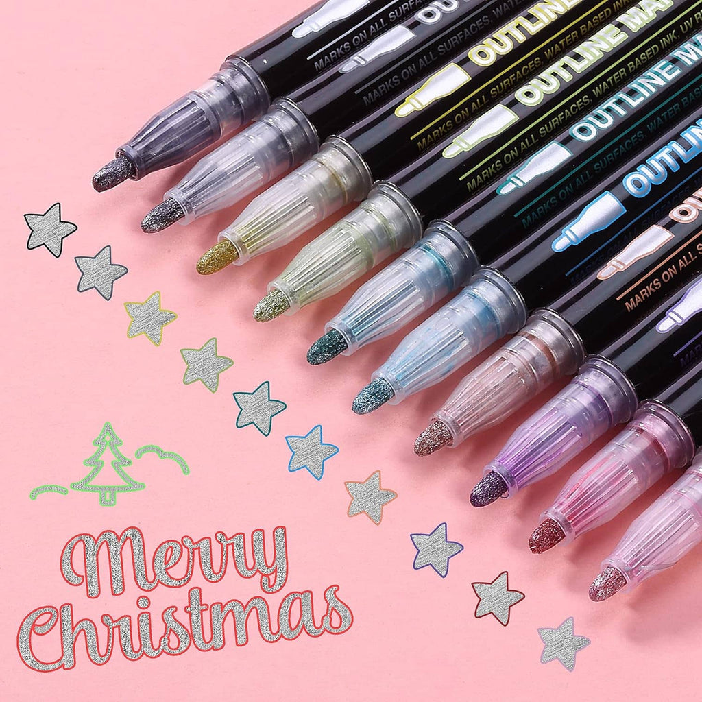 Assorted metallic Christmas outline markers in clear and dark barrels.