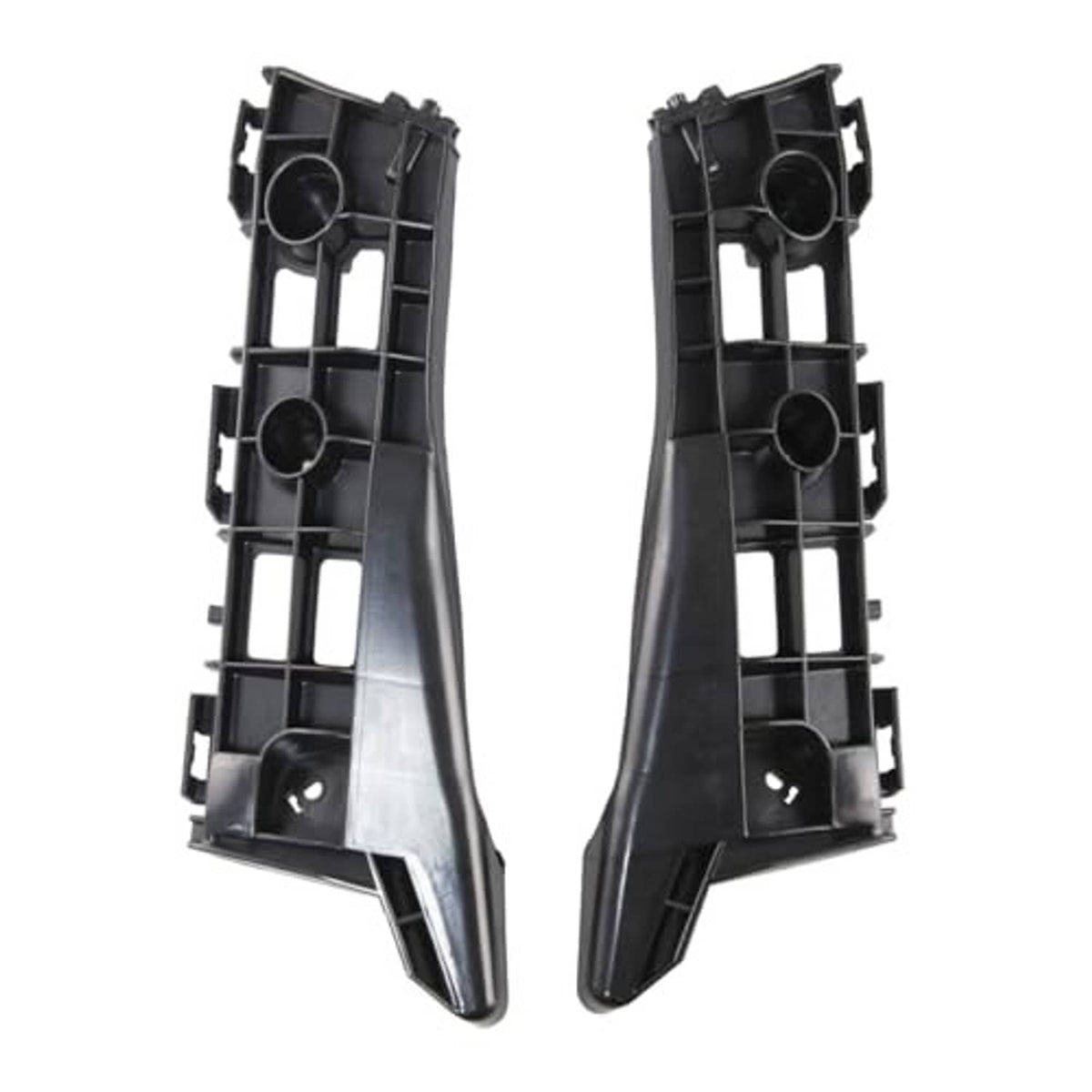 Front bumper bracket pair, black plastic with round cutouts and tabs