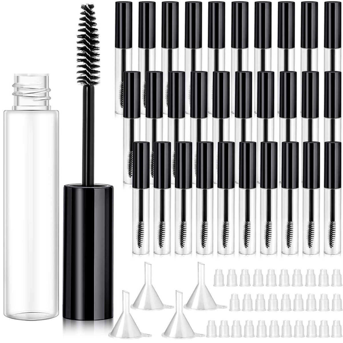 Empty mascara tube set with black wand brushes, clear bottle, and spare caps