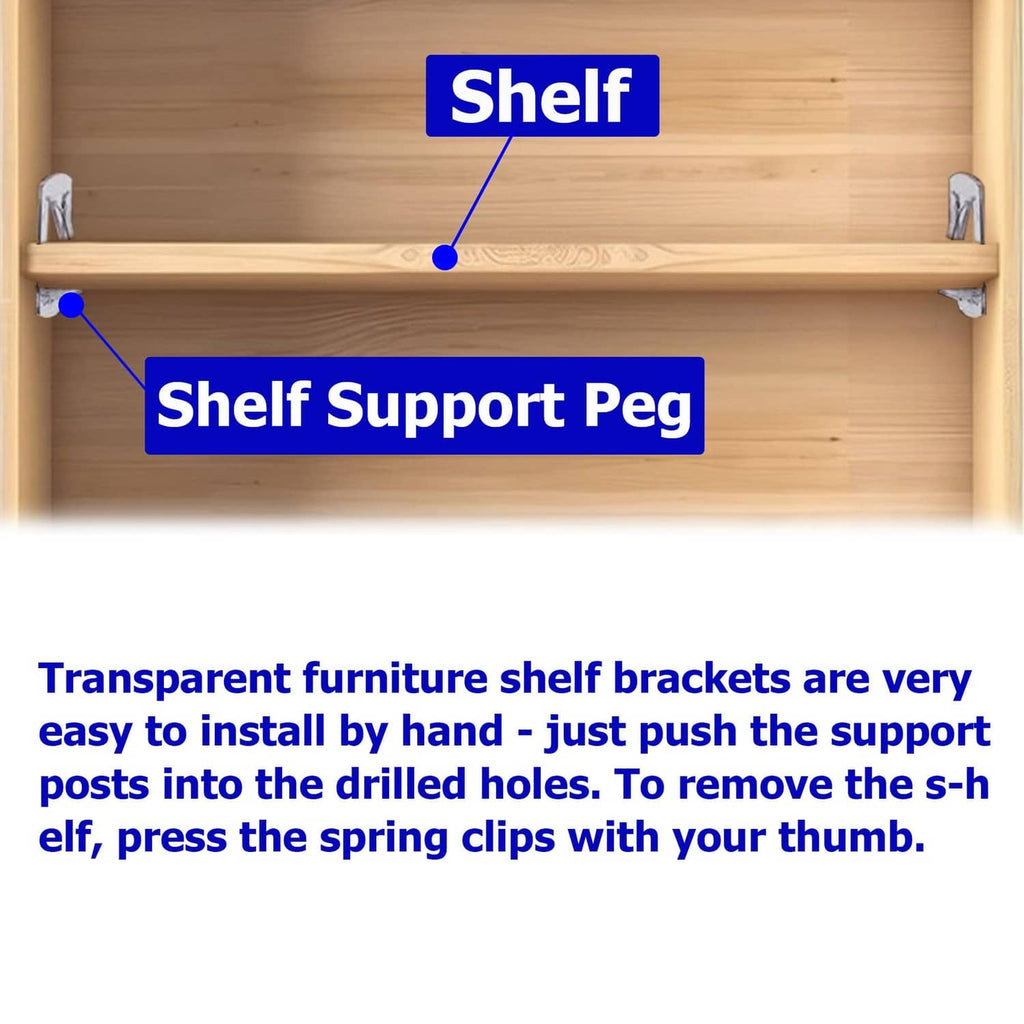 Clear plastic shelf support peg installed under a wooden shelf