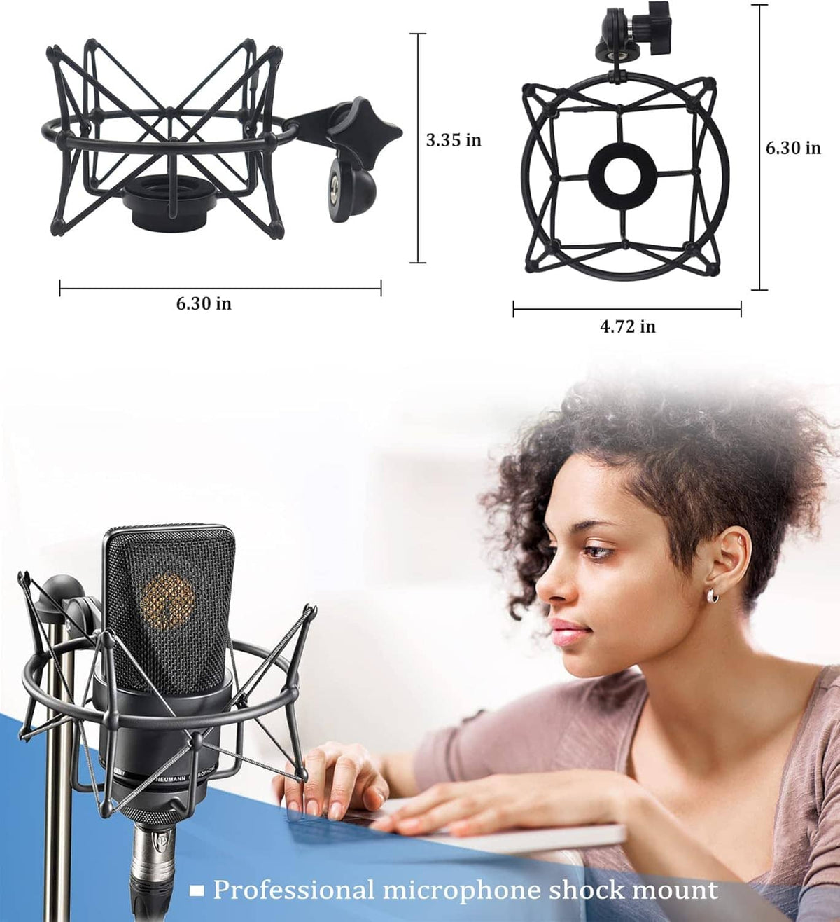 Black microphone shock mount showing overall cradle size and height measurements