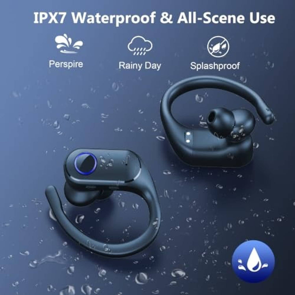 Dark blue wireless earbuds with earhook style shown with water droplets