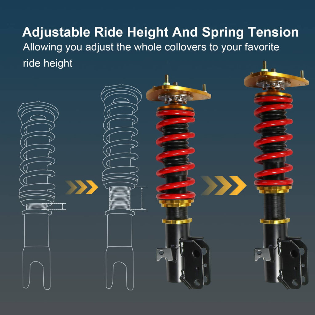 Adjustable coilover struts with red springs and gold top mounts, black shock bodies