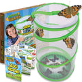 Butterfly growing kit with green mesh pop-up habitat and butterfly inside the netted cup.