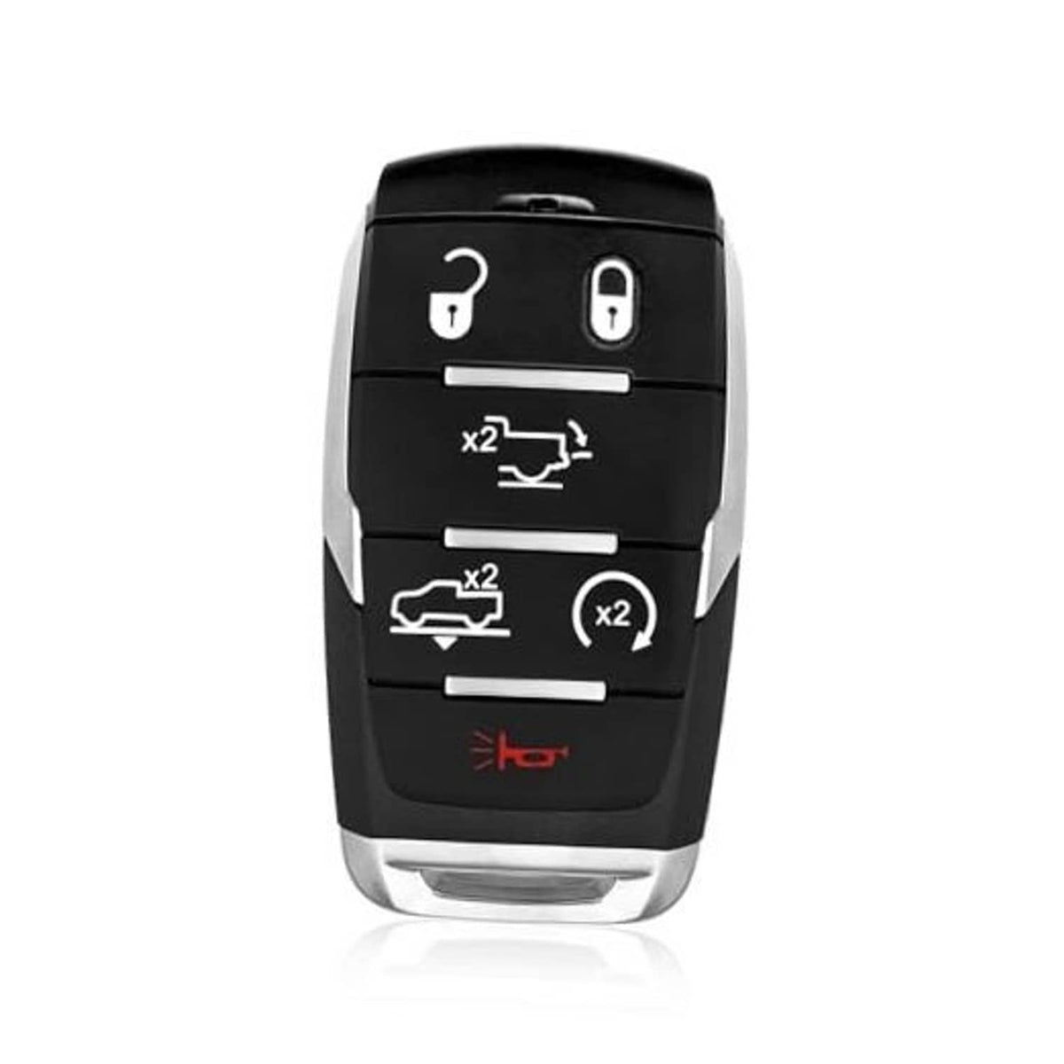 Black 6-button smart key fob with lock, unlock, and remote start icons