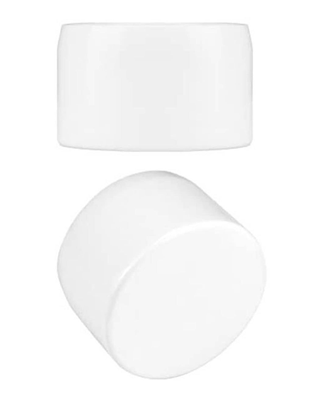 White 1-1/4 in PVC pipe end caps, top and side views on white background